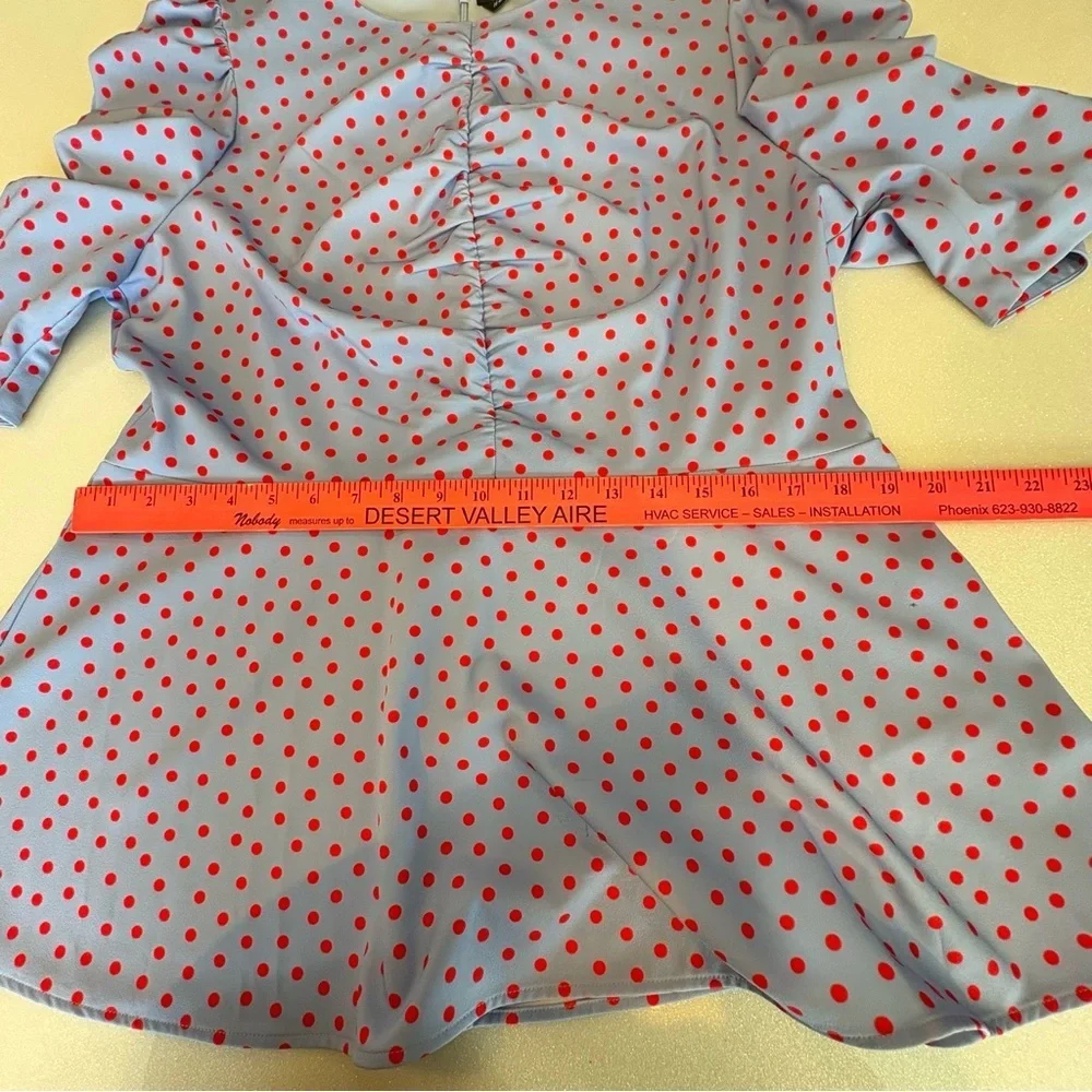 Kate Spade Plus Size 16 Peplum Top Ruched Blue Red Polka Dots Puff Sleeves Zip